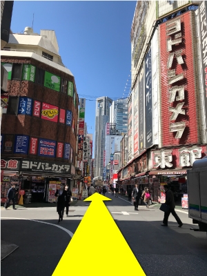 ヨドバシカメラ東館とカメラ総合館の間を直進